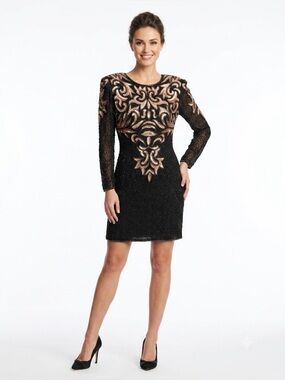 Ultra Design Vintage 100% Silk Hand Beaded Cocktail Dress XS Black Gold